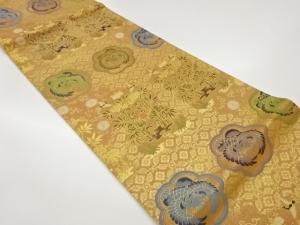 引箔花輪に鳥・草花・動物模様織出し袋帯